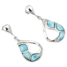 Natural Blue Larimar Fancy 925 Sterling Silver Dangle Earrings XE11