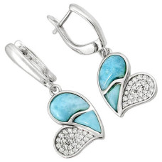 Natural Blue Larimar Heart 925 Sterling Silver Dangle Earrings