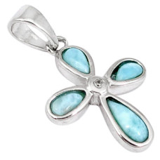 925 Sterling Silver Holy Cross Blue Larimar Topaz Pendant