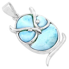 Fascinating Owl Styled Sterling Silver Pendant Festooned With Larimar